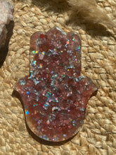 Load image into Gallery viewer, Strawberry Quartz Crystal Chip Resin Hamsa Hand Incense Holder