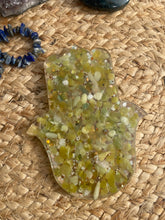 Load image into Gallery viewer, Serpentine Crystal Chip Resin Hamsa Hand Incense Holder
