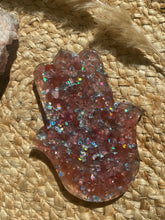Load image into Gallery viewer, Strawberry Quartz Crystal Chip Resin Hamsa Hand Incense Holder