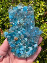 Load image into Gallery viewer, Apatite Crystal Chip Resin Hamsa Hand Incense Holder