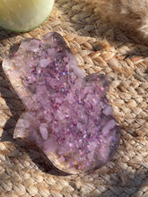 Load image into Gallery viewer, Rose Quartz Crystal Chip Resin Hamsa Hand Incense Holder
