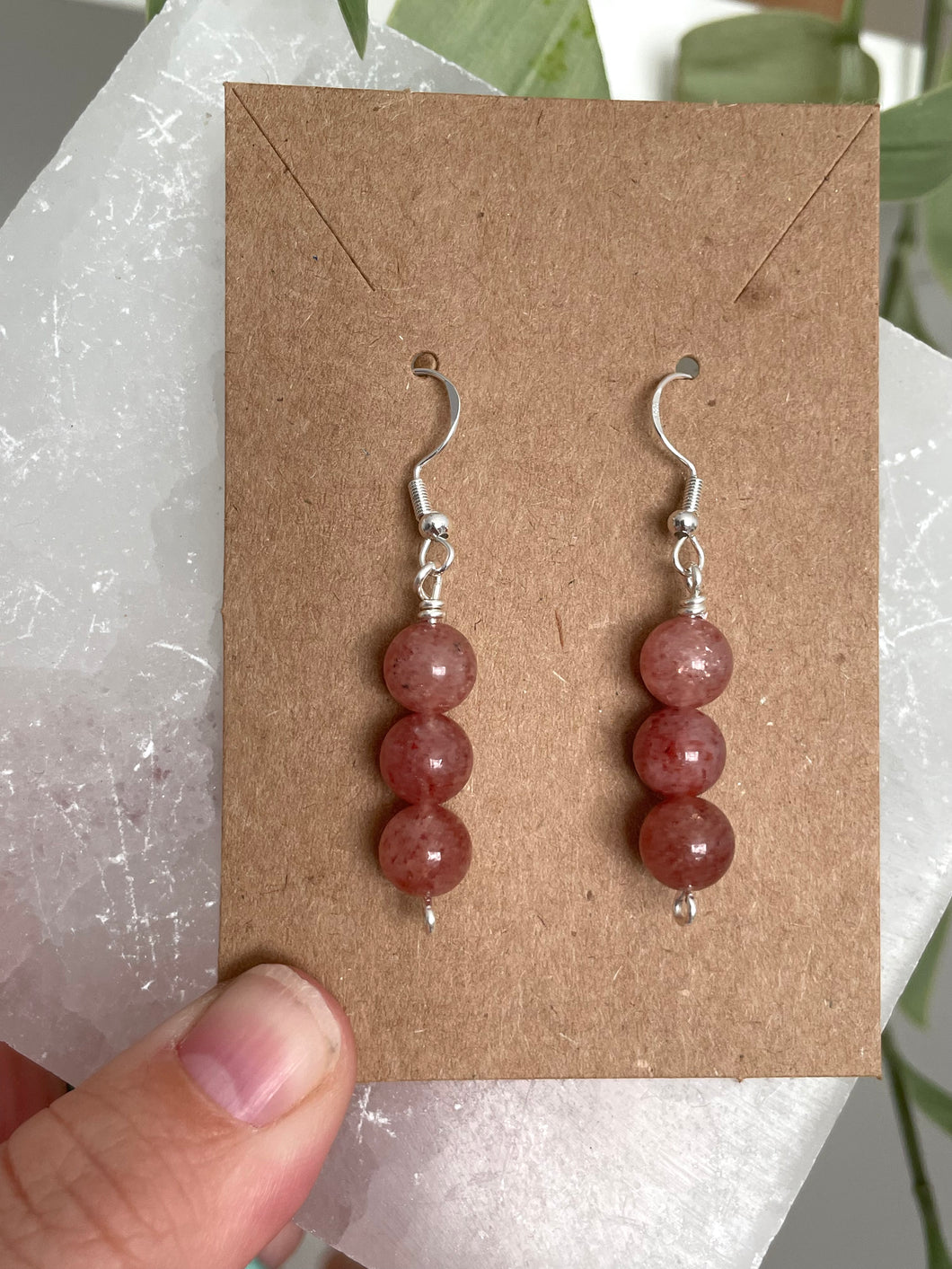Strawberry Quartz Bead Silver Earrings