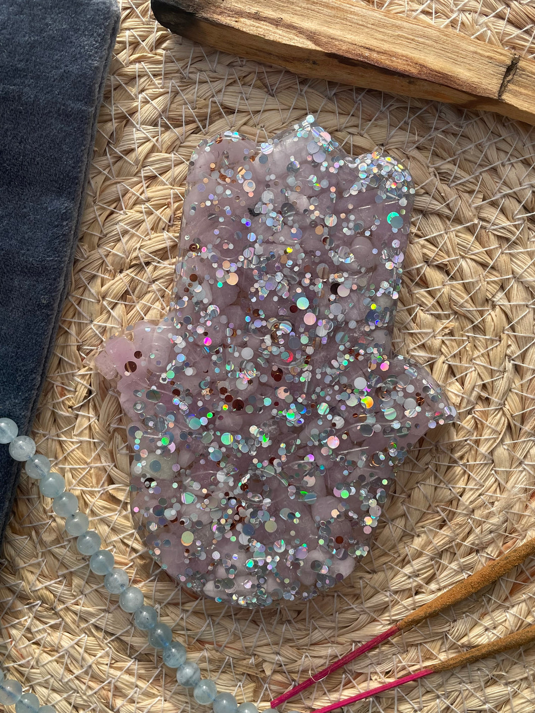 Kunzite Crystal Chip Resin Hamsa Hand Incense Holder