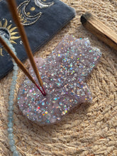 Load image into Gallery viewer, Kunzite Crystal Chip Resin Hamsa Hand Incense Holder
