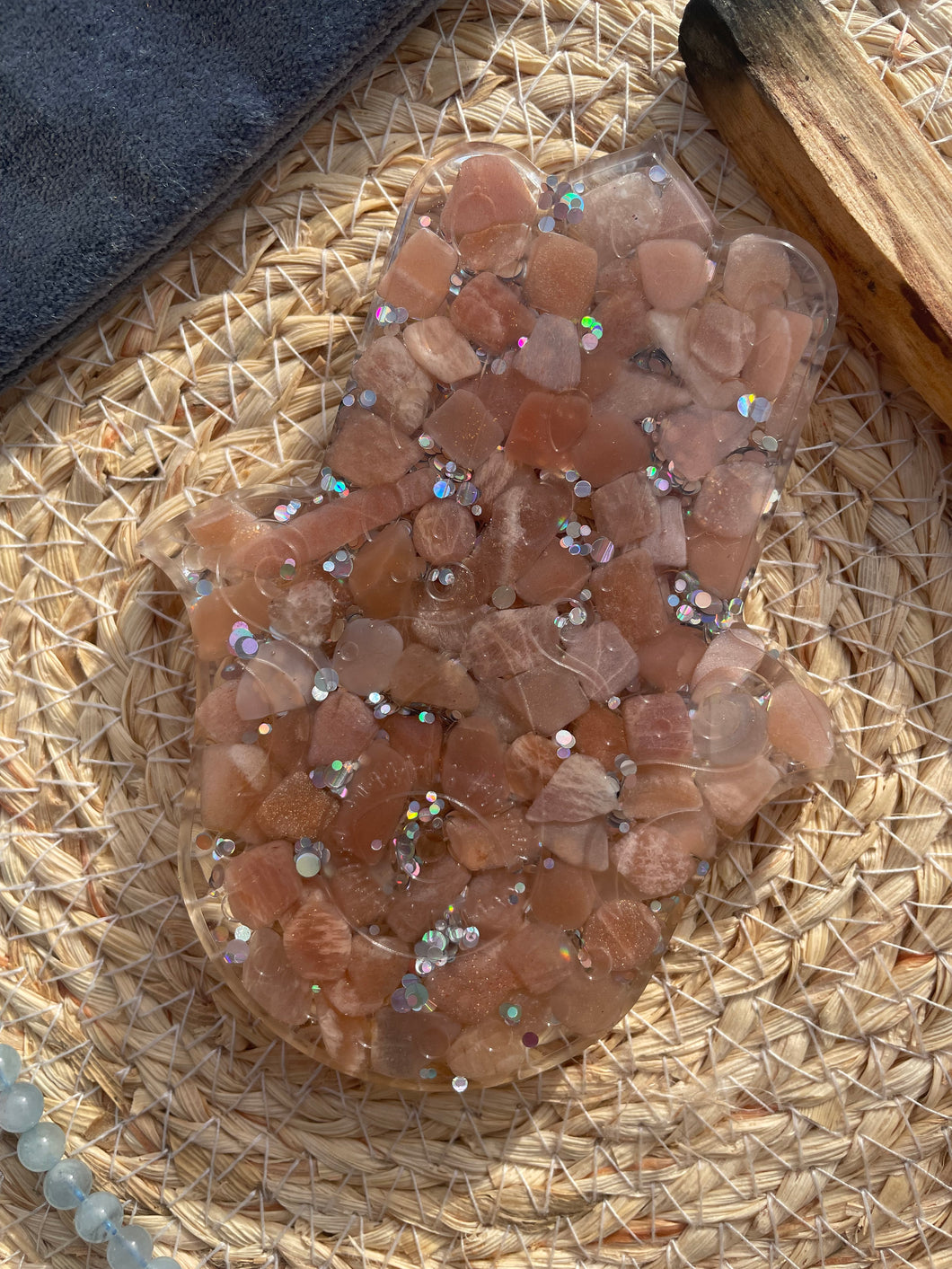 Peach Moonstone X Sunstone Crystal Chip Resin Hamsa Hand Incense Holder