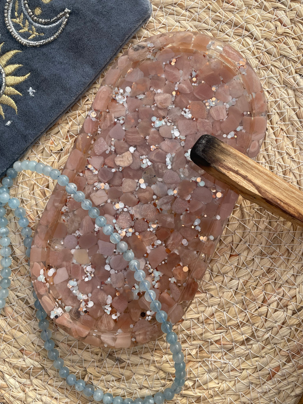 Peach Moonstone X Sunstone Crystal Chip Resin Display Trinket Dish