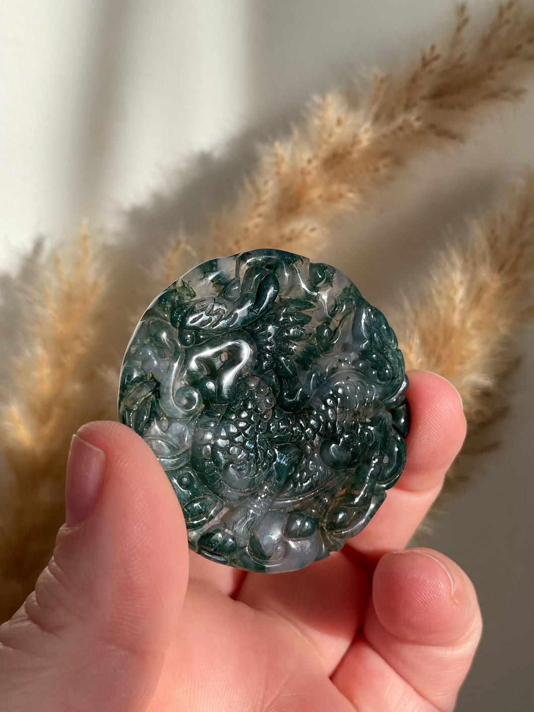 Moss Agate Dragon Carving Pendant