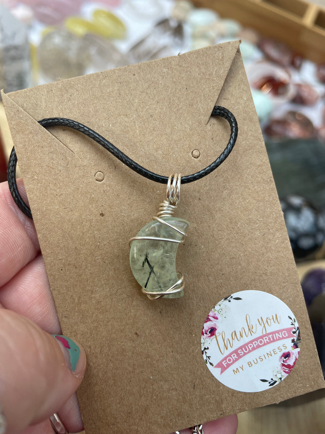 Prehnite Moon Wire Wrapped Necklace