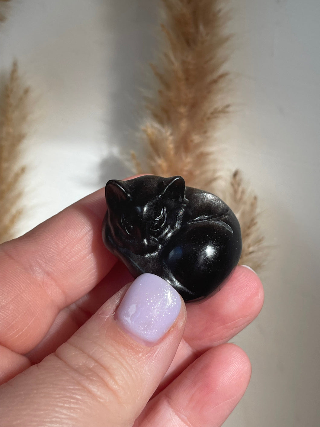 Silver Sheen Obsidian Cat Carving