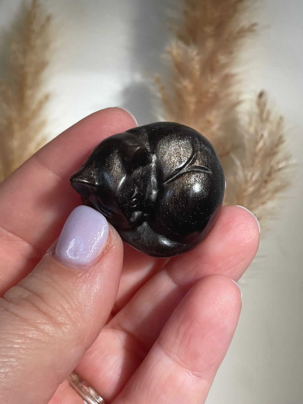 Golden Sheen Obsidian Cat Carving